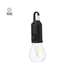 A solar-powered hanging lamp in black, featuring a clear bulb design and an integrated hook for easy hanging.