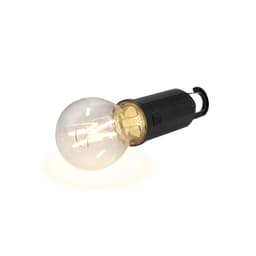 A black lamp with a clear, vintage-style bulb. The bulb has visible filaments and emits a warm glow.