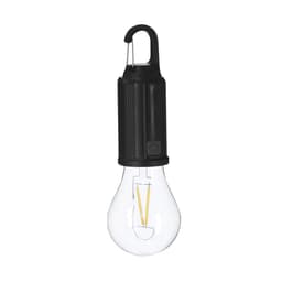 A black hanging lamp with a clear glass bulb, featuring a hook for easy attachment.