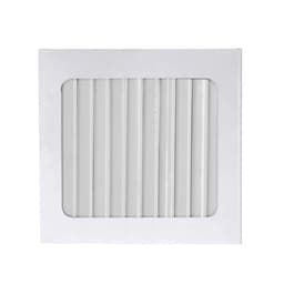 A set of white coloured pencils arranged neatly within a white box, featuring a clear window.