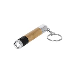 A keychain torch with a bamboo body and silver accents, featuring a push-button switch for operation.