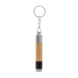 A bamboo and black keyring pen with a silver keychain attachment. It has a sleek design and a chrome finish.