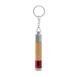 A keychain pen featuring a bamboo body and a red lower section, with a chrome top and a keyring attachment.