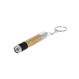 A bamboo pen with a silver and black end, attached to a keychain for easy carrying.