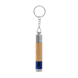 A Nebula Pen with a bamboo body, silver accents, and a blue base, attached to a keyring.