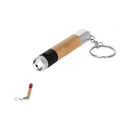 A keychain flashlight pen with a bamboo barrel and metal accents, featuring a button for light function.