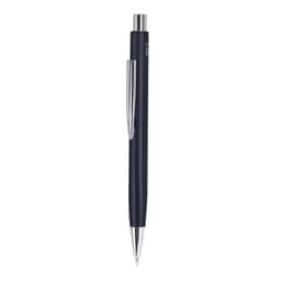 A dark blue metal pen with a shiny silver clip and tip, featuring a logo on the barrel.