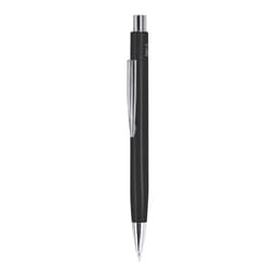 A sleek black metal pen with a chrome clip and tip, featuring a logo on the barrel.