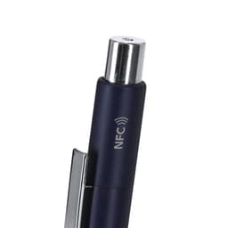 A metal pen in navy blue with a chrome top and a logo indicating NFC technology.