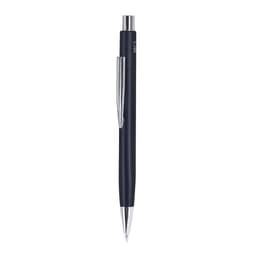 A metal pen in navy blue with a shiny silver clip and tip, featuring a logo.