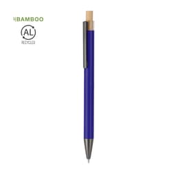 A blue metal pen with a bamboo top and a clip, featuring a logo. Recycled materials indicated.