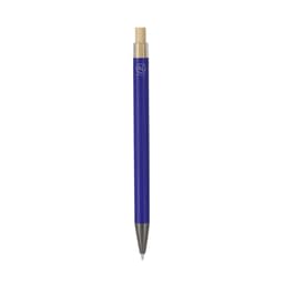 A metal pen in vibrant blue with a wooden tip and a logo on the barrel.