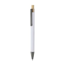A metal pen with a white body and gold accents, featuring a sleek design and a clip.