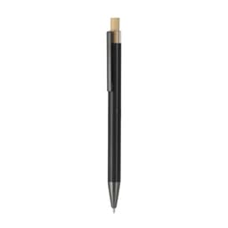 A metal pen with a sleek black body, a silver clip, and a natural wooden top. It features a subtle logo.