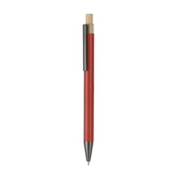 A metal pen featuring a red barrel, black clip, and gold accents. The pen has a sleek, modern design.