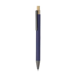 A metal pen in navy blue with a silver tip and clip, featuring a natural wood accent on the top.