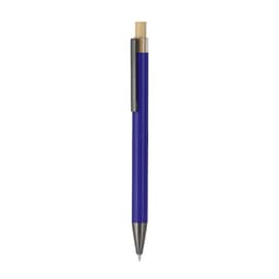 A blue metal pen with a silver clip and tip, featuring a wooden accent at the top. Includes branding.