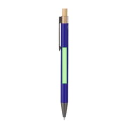A blue metal pen with a wooden accent and a light green area, featuring a clip and branding.