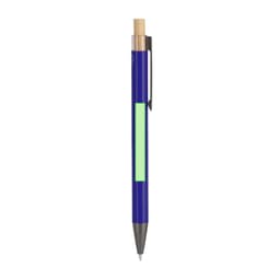 A metal pen featuring a blue body, bamboo accent, and a green highlighting section with a silver clip.