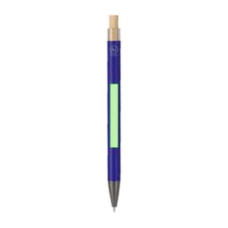 A blue metal pen with a light green accent and a wooden top, featuring a logo.