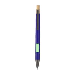 A metal pen in blue with a wooden top and a green accent. The pen has a sleek design and a logo.