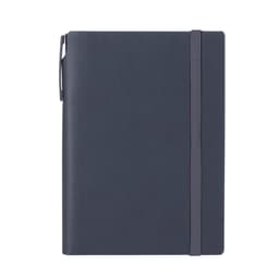 A navy notebook with a pen holder and elastic band closure, featuring a subtle logo.