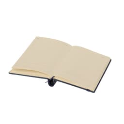 An open notebook with a navy cover and blank cream pages, featuring a binding. It has a simple design with no visible text.