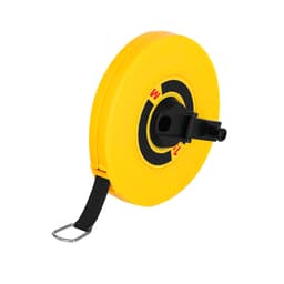 A yellow tape measure with a retractable mechanism and a black measuring tape is visible. It features a logo.
