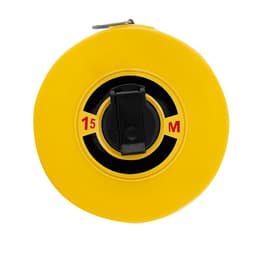 A yellow tape measure with a black locking mechanism, featuring a circular design and measuring up to 15 metres.