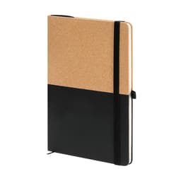 A cork and black notebook with an elastic band closure, featuring a logo on the cover.