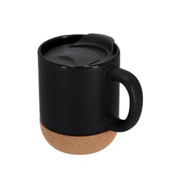 A black drink mug with a cork base and a lid, featuring a handle and a smooth finish.