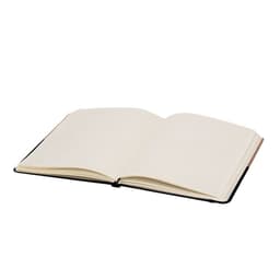 An open black notebook with blank lined pages, featuring a smooth cover without any visible branding.