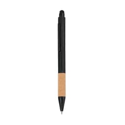 A black pen with a cork grip and a plastic body, featuring a click mechanism and a branding logo.