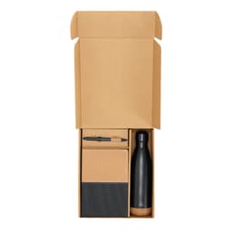 A drink bottle, cork notebook, and pen in a gift set, all packaged in a cardboard box. The bottle is black.