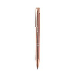 A metal pen in a rose gold finish with a sleek design and a clip. It features a logo near the top.