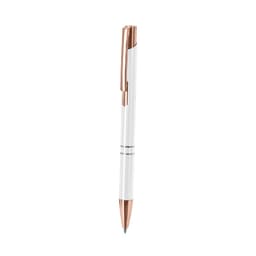A metal pen with a white body and rose gold accents, featuring a clip and a branding logo.