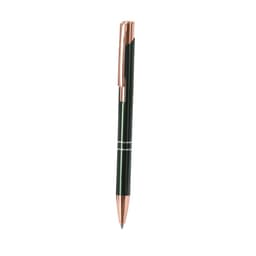 A metal pen with a dark green body and rose gold accents, featuring a sleek design and a logo.