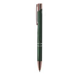 A green metal pen with a rose gold clip and accents, featuring a branding logo.