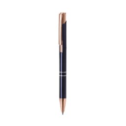 A metal pen with a navy blue barrel and rose gold accents, featuring a clip and decorative rings.