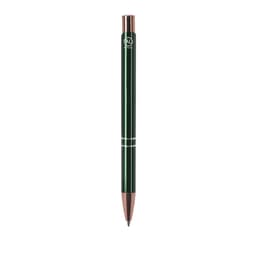 A metal pen in dark green with a rose gold tip and clip, featuring a logo.