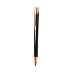 A black metal pen with a rose gold clip and accents, featuring a sleek design and a logo.