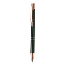 A metal pen with a green body and rose gold accents, featuring a sleek design and a logo on the side.