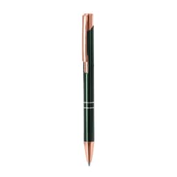 A green metal pen with a rose gold clip and detailing. Features a branding logo.
