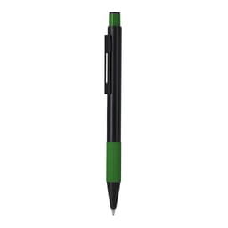 A metal pen with a black body and green grip, featuring a clip and a logo.