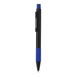 A metal pen in black with a blue grip and blue top, featuring a clip and a branding logo.