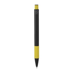 A metal pen with a black body and a yellow grip, featuring a logo near the top.