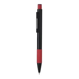 A metal pen featuring a black body with a red grip and tip, complete with a clip and branding.