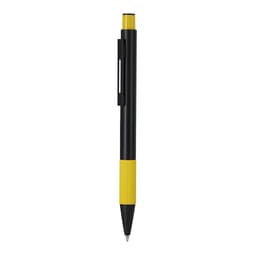 A metal pen in black and yellow with a clip, featuring a textured grip and a logo on the body.