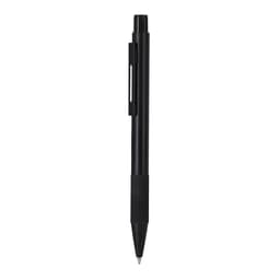 A black metal pen featuring a ribbed grip and a clip for easy attachment. The pen has a simple, sleek design.
