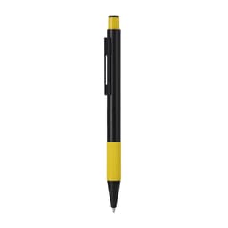 A black and yellow metal pen featuring a textured grip and clip, with a logo visible on the barrel.